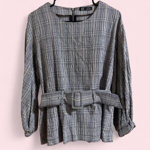Zara Black & White Plaid Blouse with Belt and Back Zipper Closure